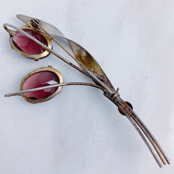 VTG 20s-30s Sterling Silver Floral Brooch Purple Glass Stones Nouveau Influence - Picture 7 of 8